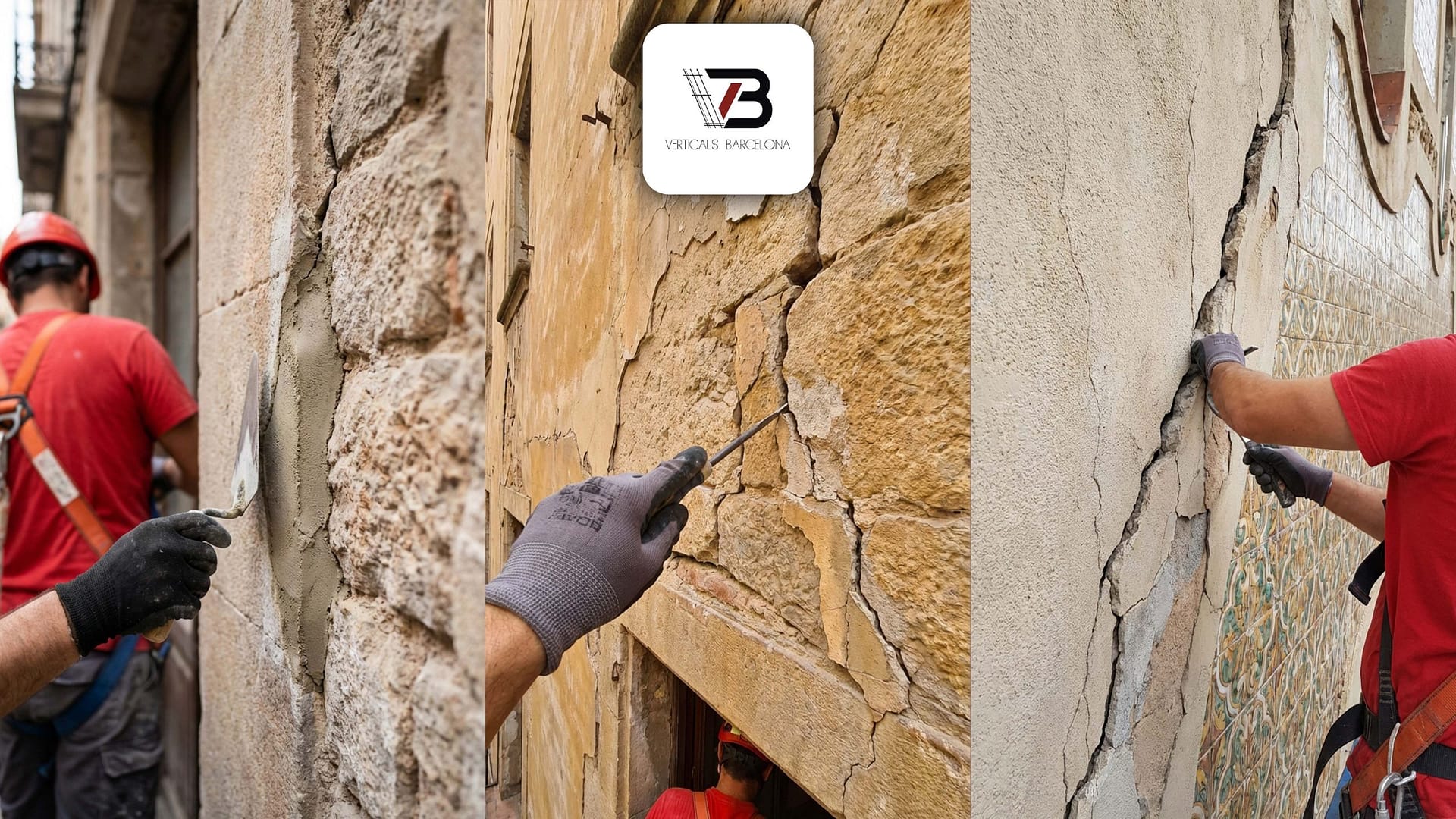 Technicians from Verticals Barcelona inspecting and repairing cracks in building facades