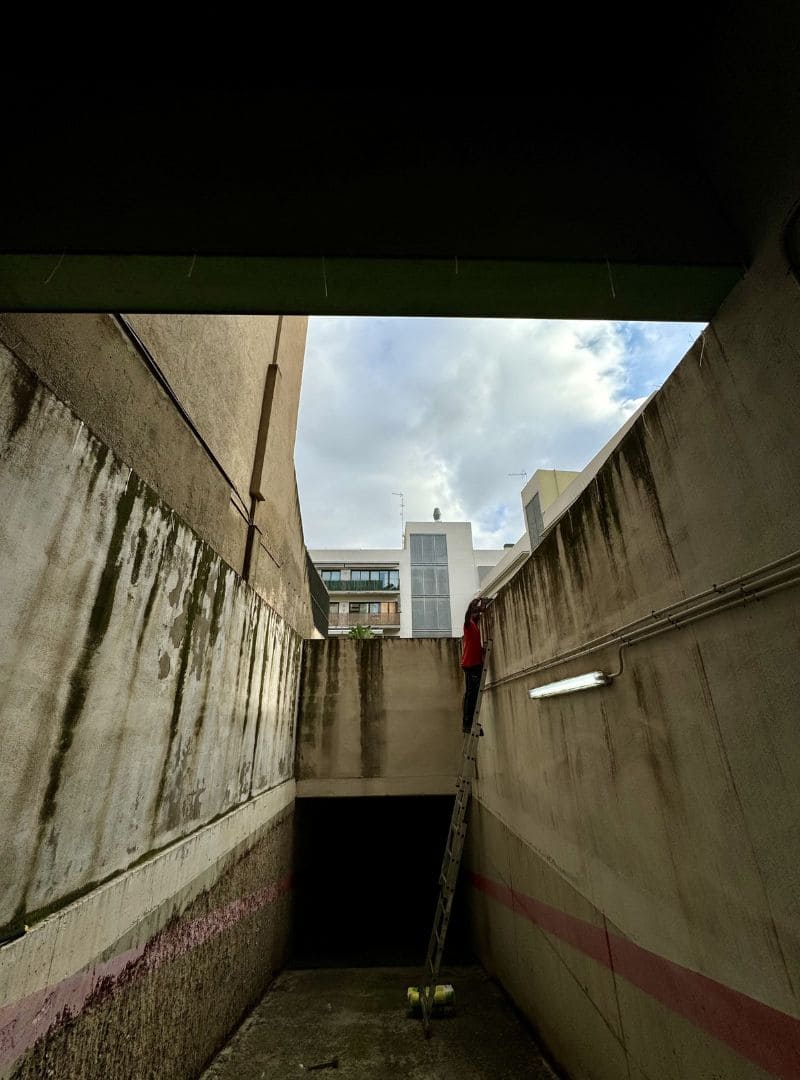 Instalación profesional de protección antiaves en un patio interior de Barcelona
