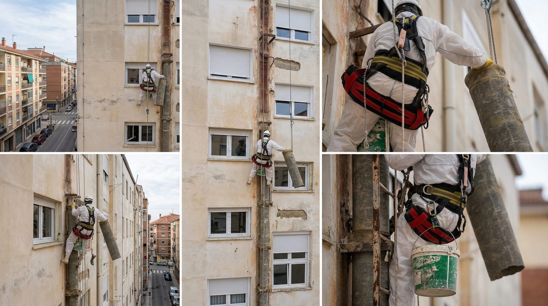 Technician inspecting an uralite downspout in a building in Barcelona, Spain.