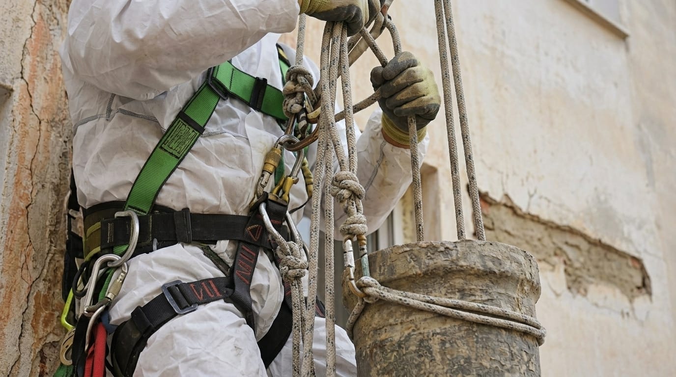 Detail of fiber cement slab with possible asbestos in interior patio of building